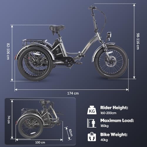 Fafrees F20 Mate E Bike E Trike, 20 * 3.0 Inch Folding Electric Tricycle, 48V/18.2Ah Removable Battery, Rear Rack, Electric Cargo Tricycle for Senior Adult, Range 110KM (with Front Rack, Grey)