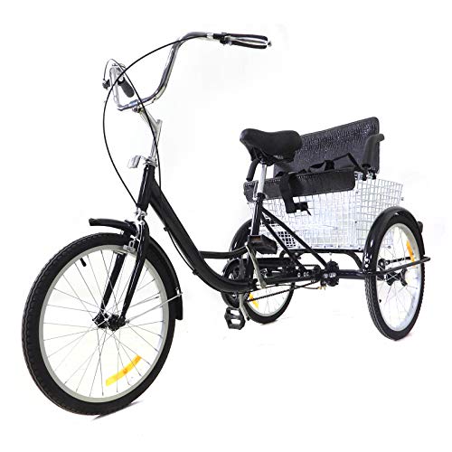 20 Inch Tricycle for Adults Gearless Aluminium Adult Bicycle Shopping with Basket Child Seat Single Speed Wheel Bicycle for Adults Comfort Bicycle Outdoor Sports City Urban Black