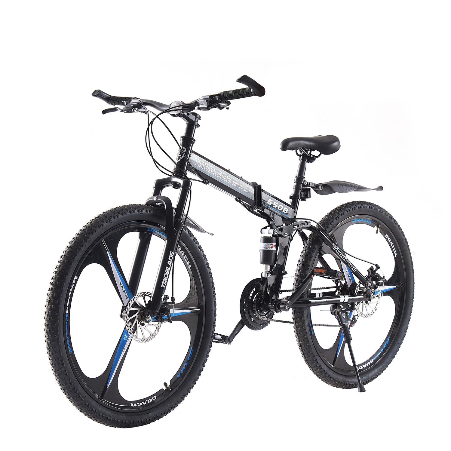 BSTSEL 26 Inch Adult Folding Mountain Bike, Dual Suspension Mountain Bikes with 26 Inches 3-Spoke Wheel, Shimano 21 Speed Mens and Womens Foldable Mountain Bicycle (26 Inch Black& Blue)